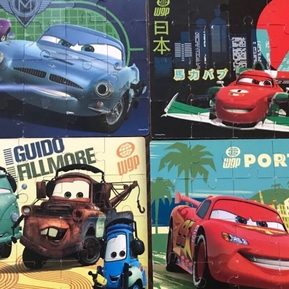 Disney Cars 2 Wood Puzzle Lot of 4 in storage box